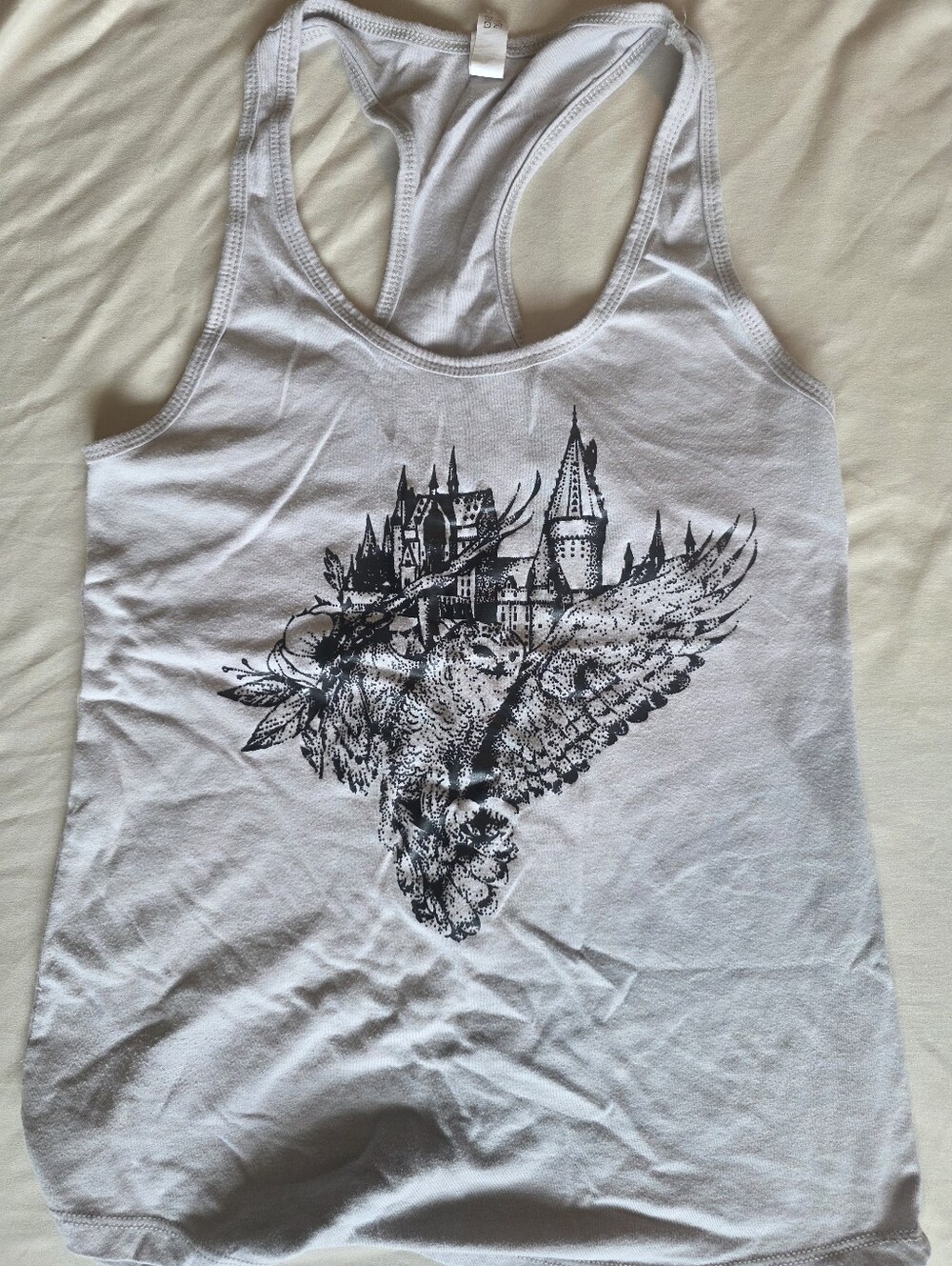 Next Level Apparel White Racerback Tank with Black Owl & Castle Graphic